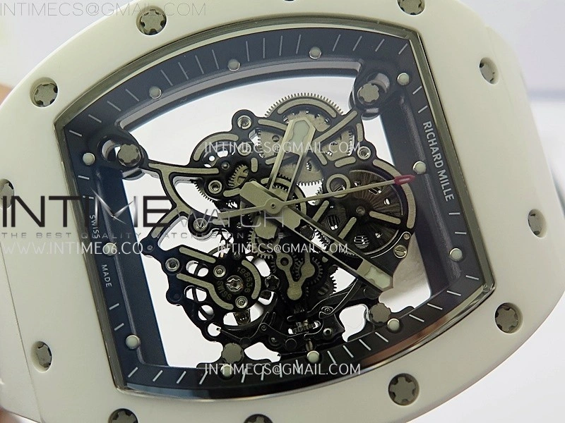 RM055 White Ceramic Black Inner RMF Best Edition Skeleton Dial On White Rubber Strap RMUL2 Super Clone