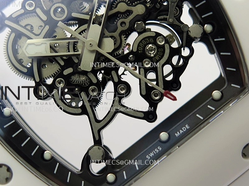 RM055 White Ceramic Black Inner RMF Best Edition Skeleton Dial On White Rubber Strap RMUL2 Super Clone