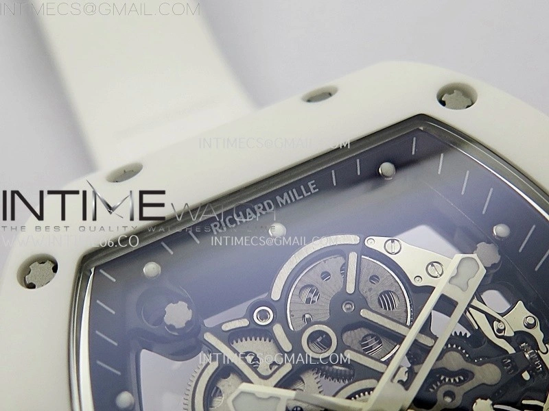RM055 White Ceramic Black Inner RMF Best Edition Skeleton Dial On White Rubber Strap RMUL2 Super Clone