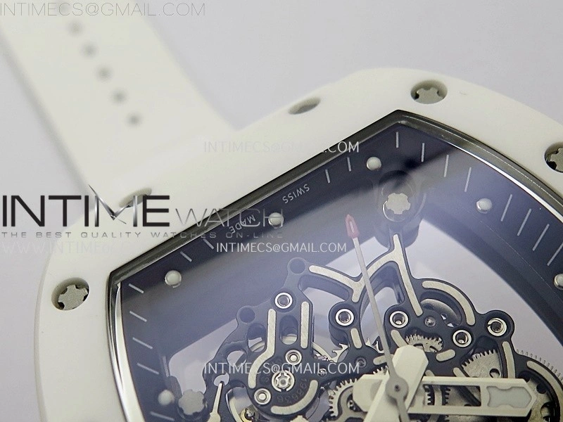 RM055 White Ceramic Black Inner RMF Best Edition Skeleton Dial On White Rubber Strap RMUL2 Super Clone
