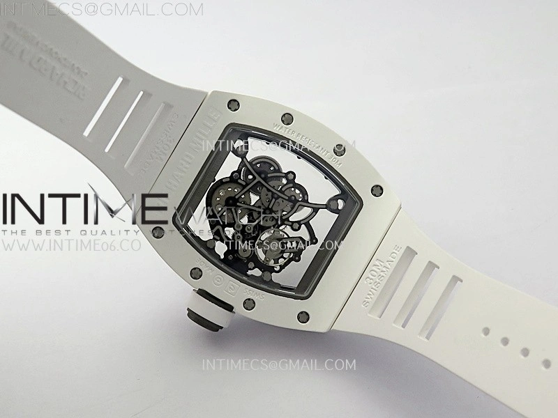 RM055 White Ceramic Black Inner RMF Best Edition Skeleton Dial On White Rubber Strap RMUL2 Super Clone