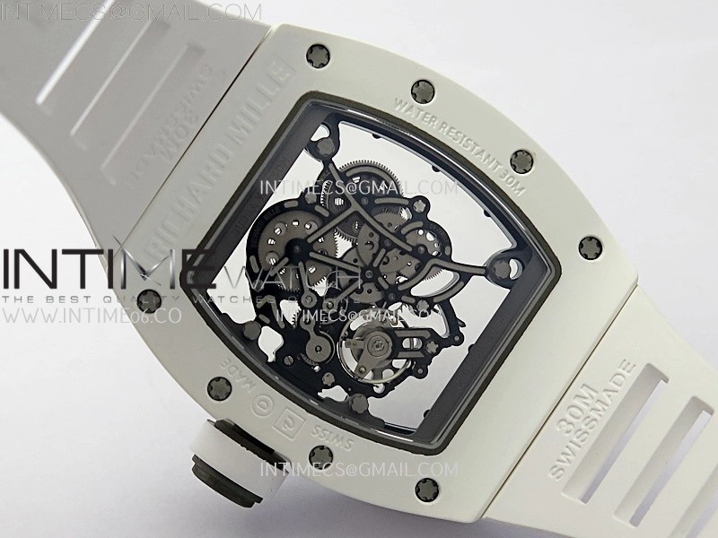 RM055 White Ceramic Black Inner RMF Best Edition Skeleton Dial On White Rubber Strap RMUL2 Super Clone