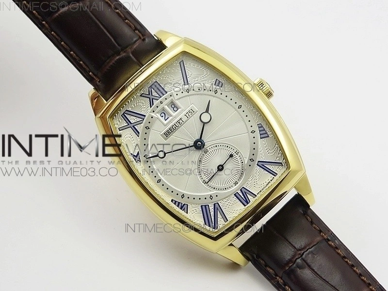 Heritage @12 big date YG HGF White Dial Blue Roman Markers on Brown Leather Strap A23J