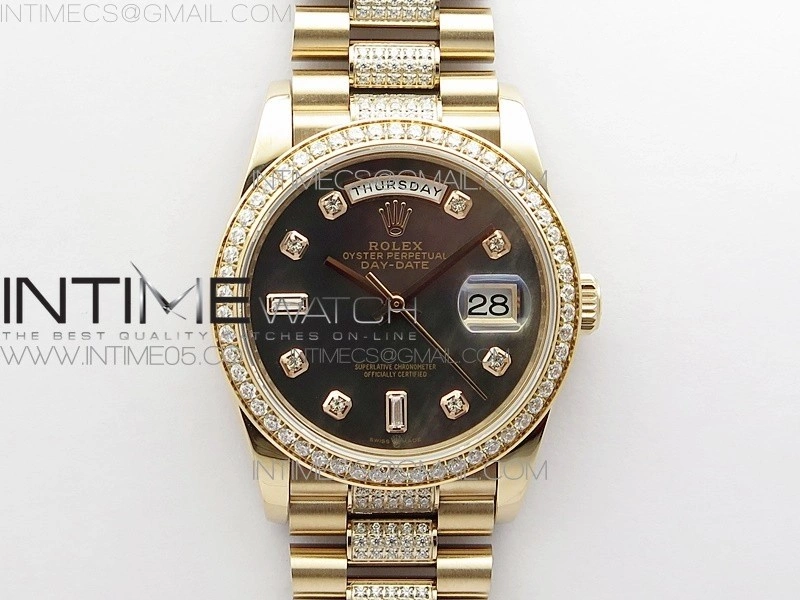 Day-Date 36 128235 RG Crystal BP Best Edition Black MOP Crystal Markers Dial on RG President Bracelet A2836