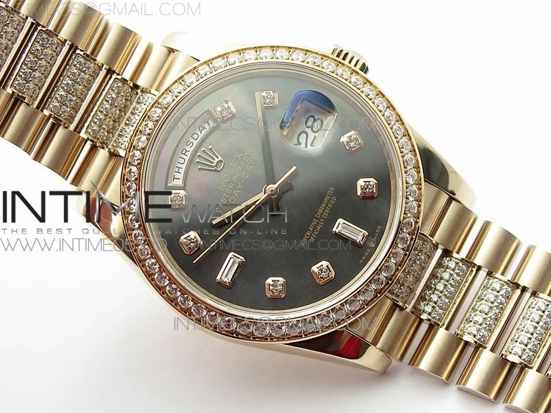 Day-Date 36 128235 RG Crystal BP Best Edition Black MOP Crystal Markers Dial on RG President Bracelet A2836