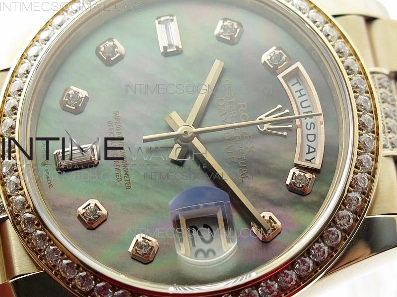 Day-Date 36 128235 RG Crystal BP Best Edition Black MOP Crystal Markers Dial on RG President Bracelet A2836