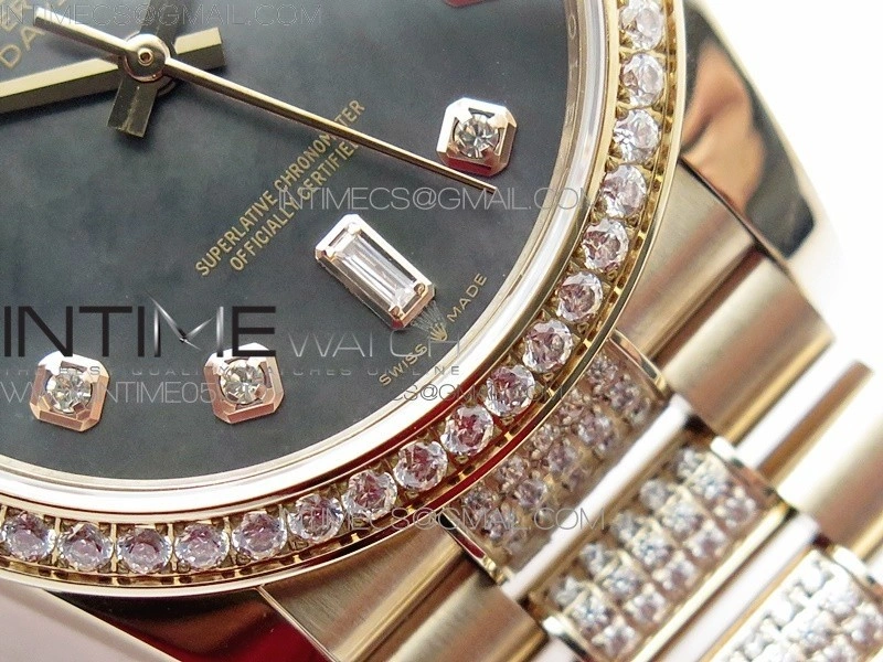 Day-Date 36 128235 RG Crystal BP Best Edition Black MOP Crystal Markers Dial on RG President Bracelet A2836