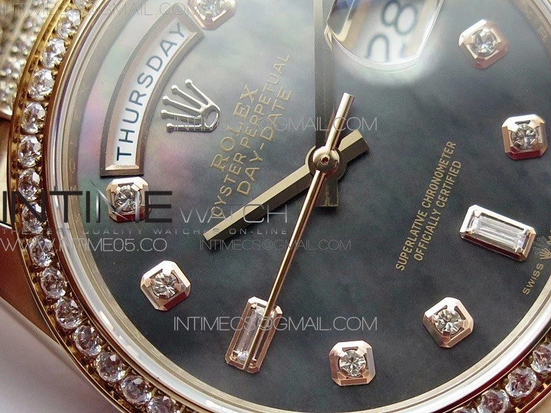 Day-Date 36 128235 RG Crystal BP Best Edition Black MOP Crystal Markers Dial on RG President Bracelet A2836