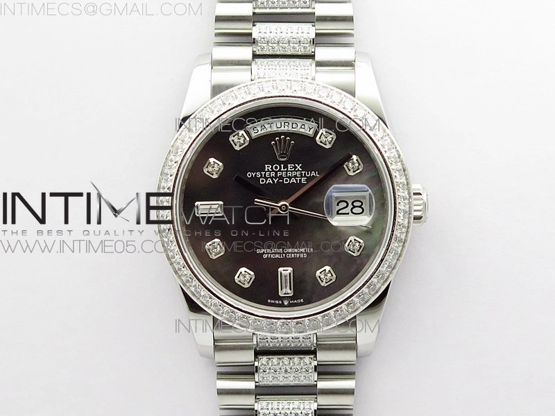 Day-Date 36 128239 SS Crystal BP Best Edition Black MOP Crystal Markers Dial on SS President Bracelet A2836
