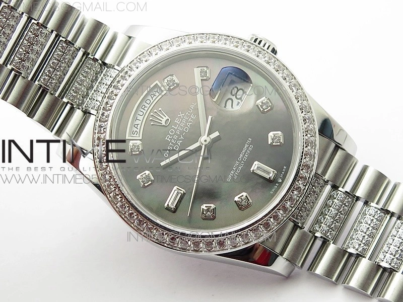 Day-Date 36 128239 SS Crystal BP Best Edition Black MOP Crystal Markers Dial on SS President Bracelet A2836