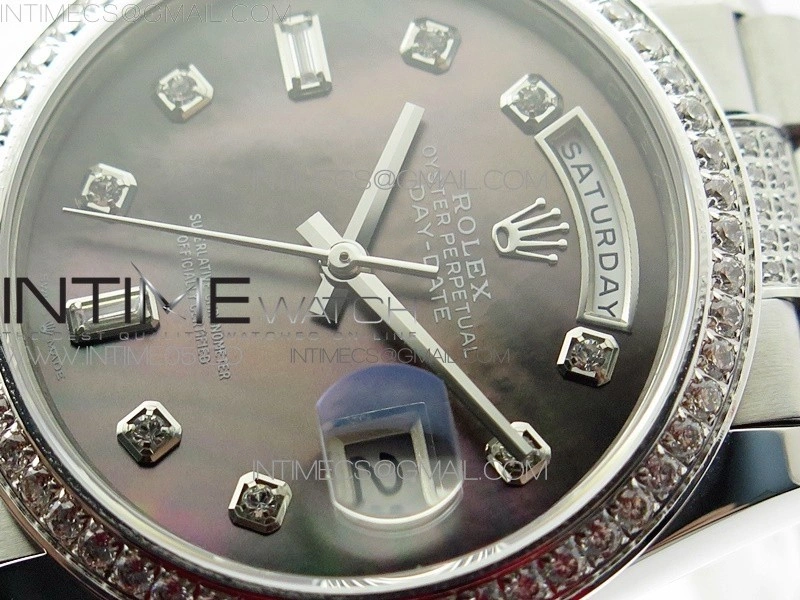 Day-Date 36 128239 SS Crystal BP Best Edition Black MOP Crystal Markers Dial on SS President Bracelet A2836