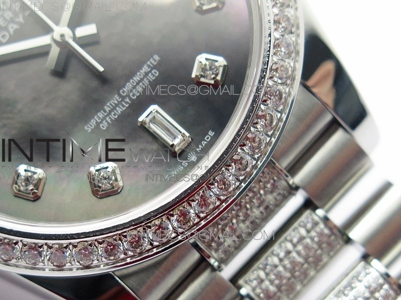 Day-Date 36 128239 SS Crystal BP Best Edition Black MOP Crystal Markers Dial on SS President Bracelet A2836