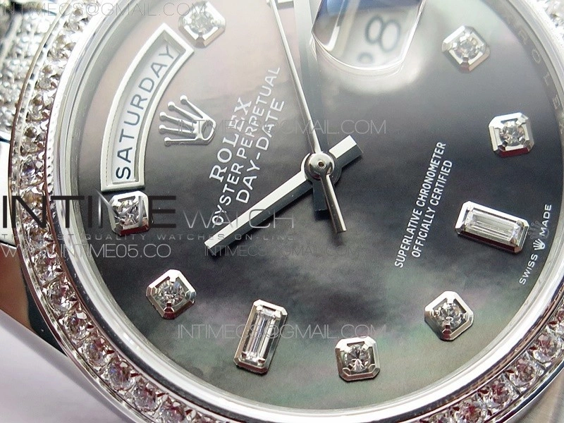 Day-Date 36 128239 SS Crystal BP Best Edition Black MOP Crystal Markers Dial on SS President Bracelet A2836