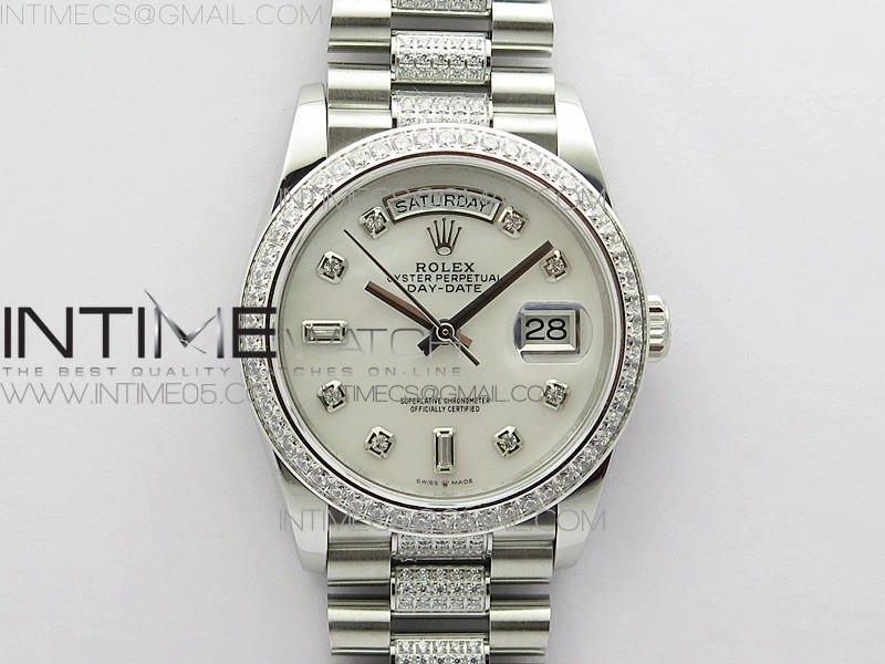 Day-Date 36 128239 SS Crystal BP Best Edition White MOP Crystal Markers Dial on SS President Bracelet A2836