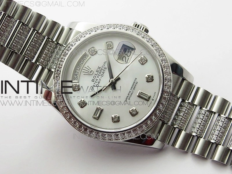 Day-Date 36 128239 SS Crystal BP Best Edition White MOP Crystal Markers Dial on SS President Bracelet A2836