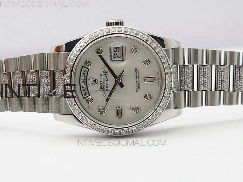 Day-Date 36 128239 SS Crystal BP Best Edition White MOP Crystal Markers Dial on SS President Bracelet A2836