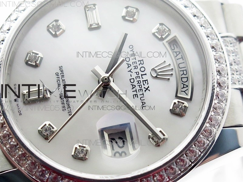 Day-Date 36 128239 SS Crystal BP Best Edition White MOP Crystal Markers Dial on SS President Bracelet A2836