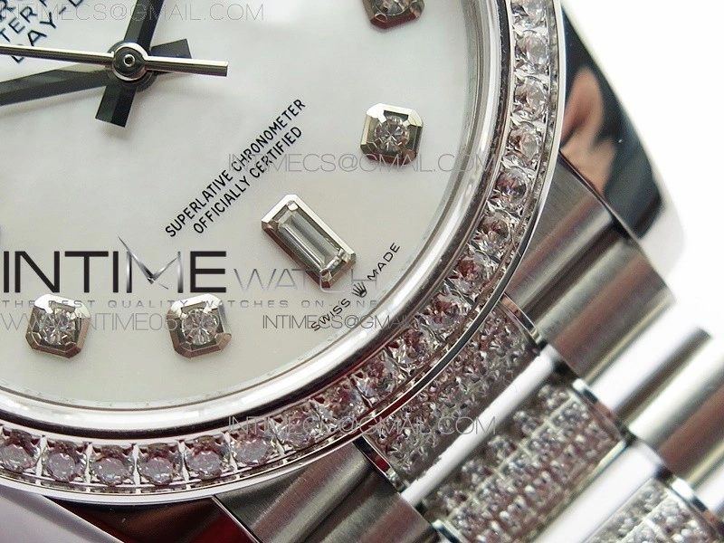Day-Date 36 128239 SS Crystal BP Best Edition White MOP Crystal Markers Dial on SS President Bracelet A2836