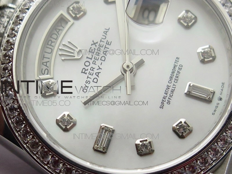 Day-Date 36 128239 SS Crystal BP Best Edition White MOP Crystal Markers Dial on SS President Bracelet A2836