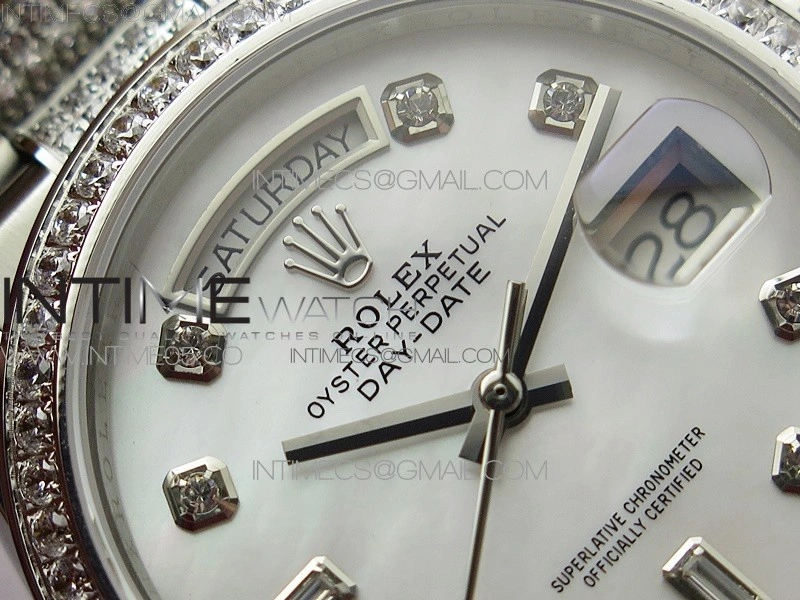 Day-Date 36 128239 SS Crystal BP Best Edition White MOP Crystal Markers Dial on SS President Bracelet A2836