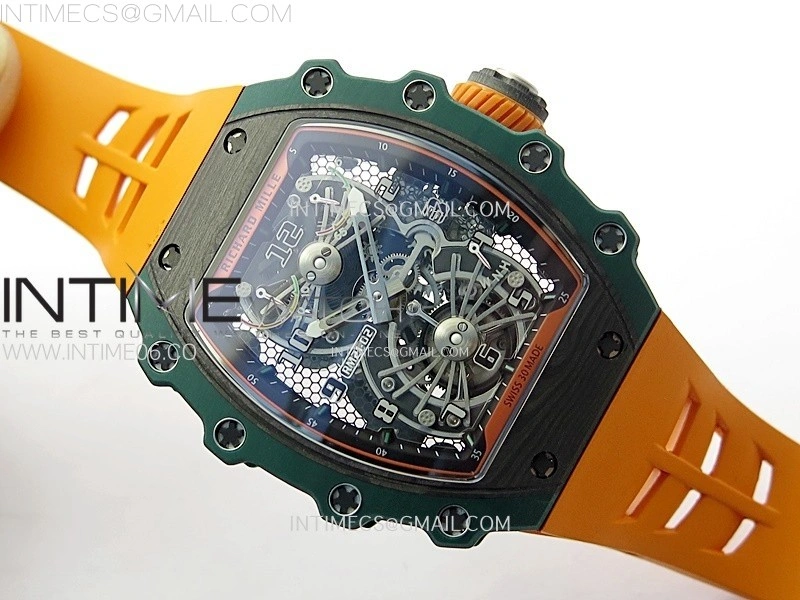 RM021-02 Real Tourbillon Black Carbon RMF Best Edition Skeleton Dial on Orange Rubber Strap