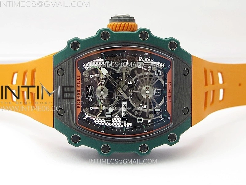 RM021-02 Real Tourbillon Black Carbon RMF Best Edition Skeleton Dial on Orange Rubber Strap