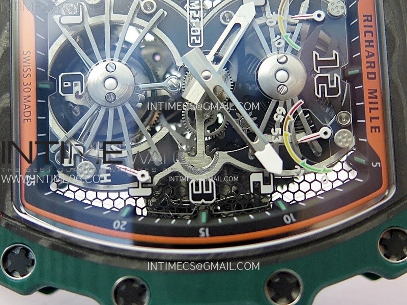 RM021-02 Real Tourbillon Black Carbon RMF Best Edition Skeleton Dial on Orange Rubber Strap