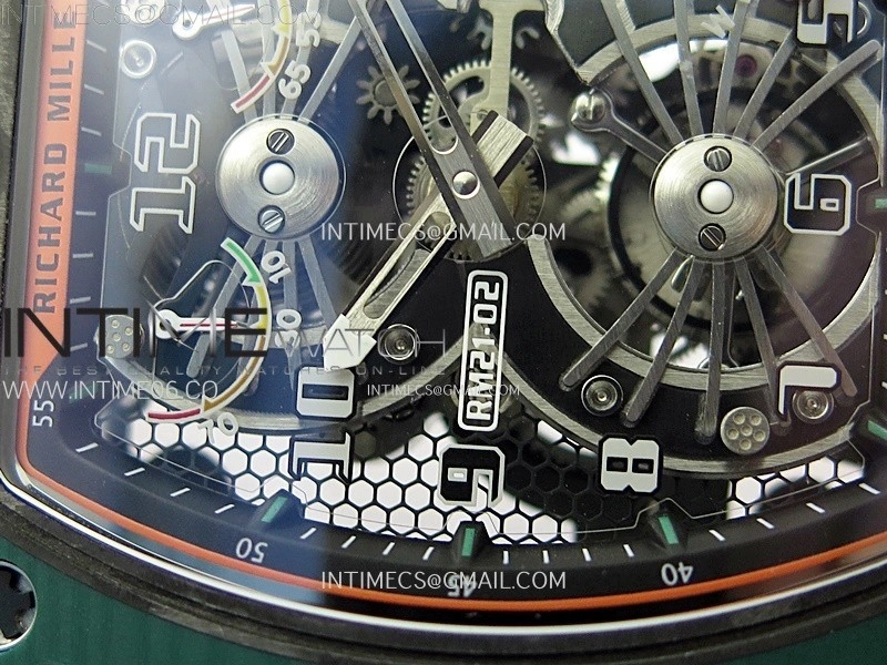 RM021-02 Real Tourbillon Black Carbon RMF Best Edition Skeleton Dial on Orange Rubber Strap