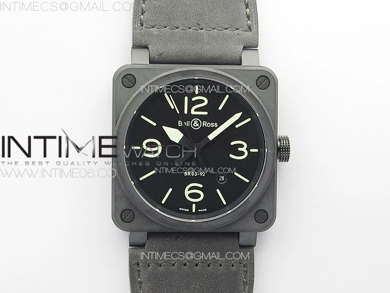 BR 03-92 Real Ceramic 1:1 Best Edition Black Dial Green Markers on Black Leather Strap MIYOTA 9015