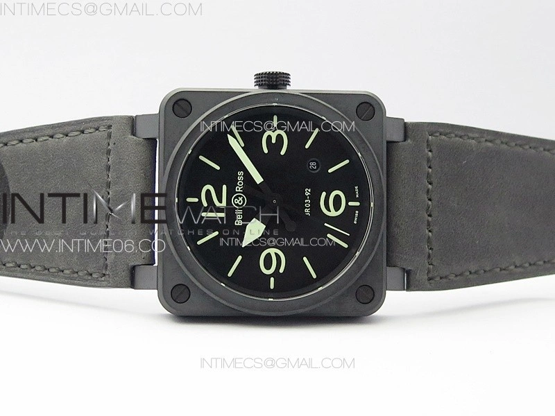 BR 03-92 Real Ceramic 1:1 Best Edition Black Dial Green Markers on Black Leather Strap MIYOTA 9015