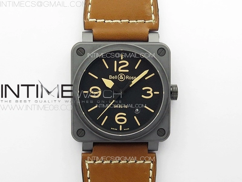 BR 03-92 Real Ceramic 1:1 Best Edition Black Dial Green Markers on Brown Leather Strap MIYOTA 9015