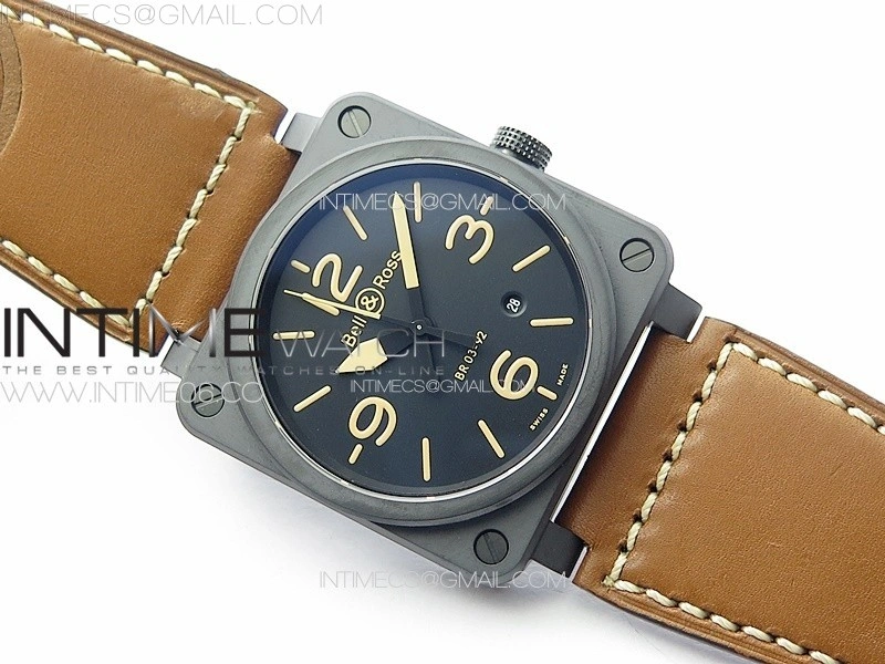 BR 03-92 Real Ceramic 1:1 Best Edition Black Dial Green Markers on Brown Leather Strap MIYOTA 9015