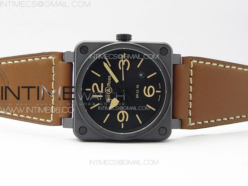 BR 03-92 Real Ceramic 1:1 Best Edition Black Dial Green Markers on Brown Leather Strap MIYOTA 9015