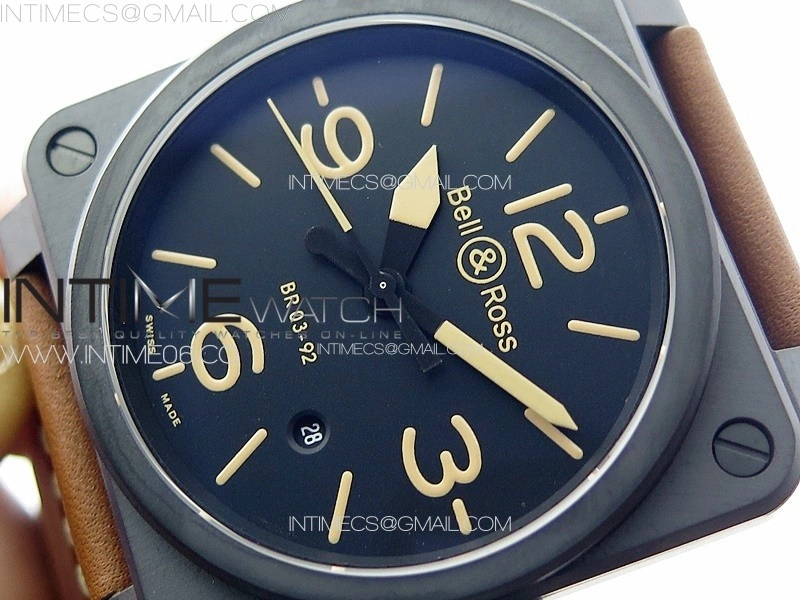 BR 03-92 Real Ceramic 1:1 Best Edition Black Dial Green Markers on Brown Leather Strap MIYOTA 9015