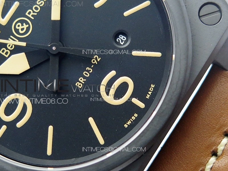 BR 03-92 Real Ceramic 1:1 Best Edition Black Dial Green Markers on Brown Leather Strap MIYOTA 9015