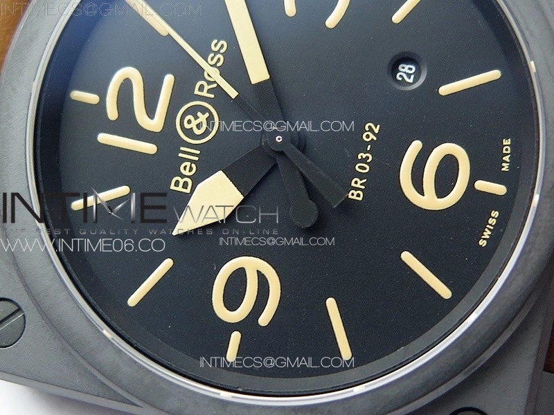 BR 03-92 Real Ceramic 1:1 Best Edition Black Dial Green Markers on Brown Leather Strap MIYOTA 9015