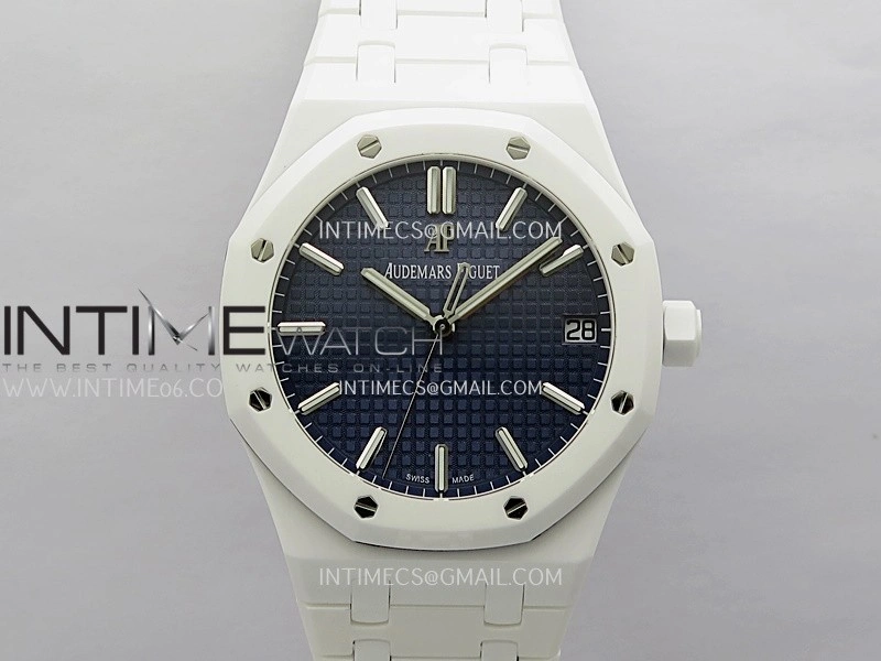 Royal Oak 15500 White Ceramic APSF 1:1 Best Edition Blue Dial On White Ceramic Bracelet SA4302 Super Clone