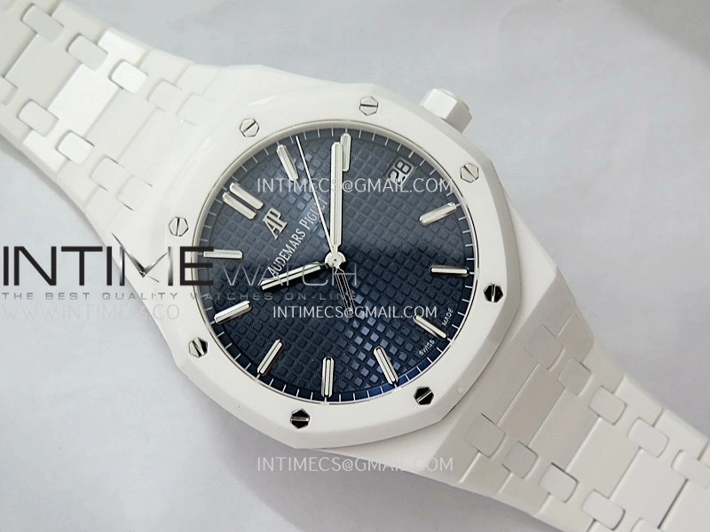 Royal Oak 15500 White Ceramic APSF 1:1 Best Edition Blue Dial On White Ceramic Bracelet SA4302 Super Clone