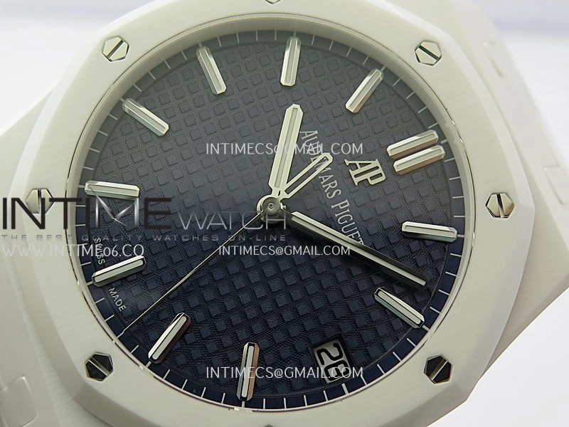 Royal Oak 15500 White Ceramic APSF 1:1 Best Edition Blue Dial On White Ceramic Bracelet SA4302 Super Clone