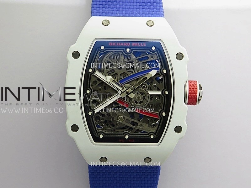 RM67-02 France White Ceramic Umi Office 1:1 Blue Red White Skeleton Dial On Blue Nylon Strap CRMA7 Clone V2