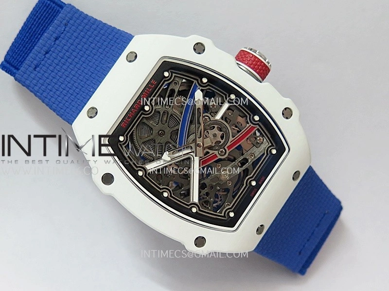 RM67-02 France White Ceramic Umi Office 1:1 Blue Red White Skeleton Dial On Blue Nylon Strap CRMA7 Clone V2