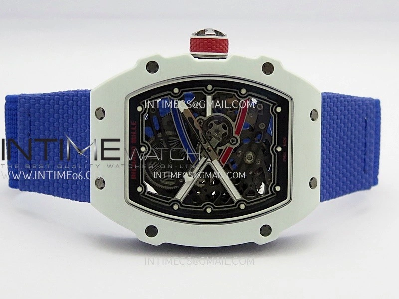 RM67-02 France White Ceramic Umi Office 1:1 Blue Red White Skeleton Dial On Blue Nylon Strap CRMA7 Clone V2