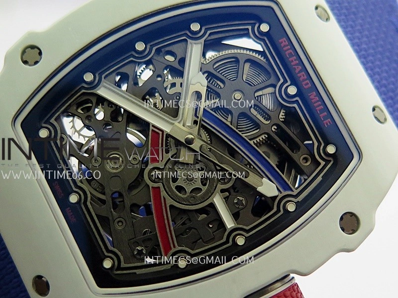 RM67-02 France White Ceramic Umi Office 1:1 Blue Red White Skeleton Dial On Blue Nylon Strap CRMA7 Clone V2
