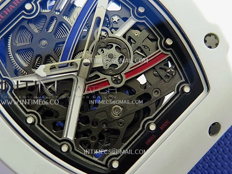 RM67-02 France White Ceramic Umi Office 1:1 Blue Red White Skeleton Dial On Blue Nylon Strap CRMA7 Clone V2