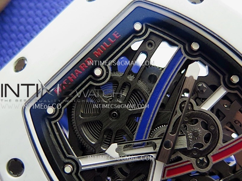 RM67-02 France White Ceramic Umi Office 1:1 Blue Red White Skeleton Dial On Blue Nylon Strap CRMA7 Clone V2