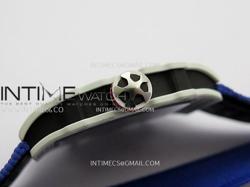 RM67-02 France White Ceramic Umi Office 1:1 Blue Red White Skeleton Dial On Blue Nylon Strap CRMA7 Clone V2