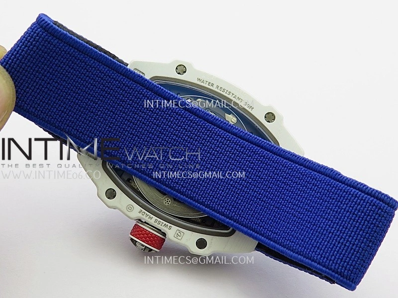 RM67-02 France White Ceramic Umi Office 1:1 Blue Red White Skeleton Dial On Blue Nylon Strap CRMA7 Clone V2