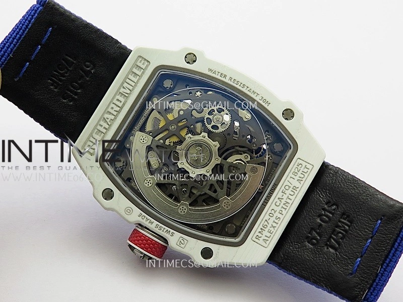 RM67-02 France White Ceramic Umi Office 1:1 Blue Red White Skeleton Dial On Blue Nylon Strap CRMA7 Clone V2