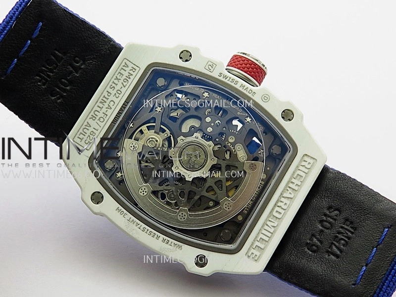 RM67-02 France White Ceramic Umi Office 1:1 Blue Red White Skeleton Dial On Blue Nylon Strap CRMA7 Clone V2