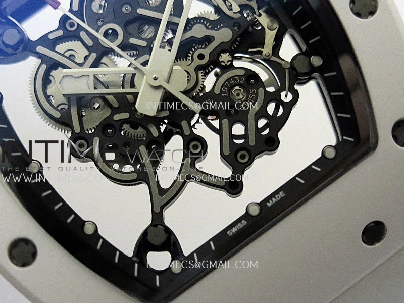 RM055 White Ceramic ZF V3 1:1 Best Edition Skeleton Dial On White Rubber Strap RMUL2 Super Clone